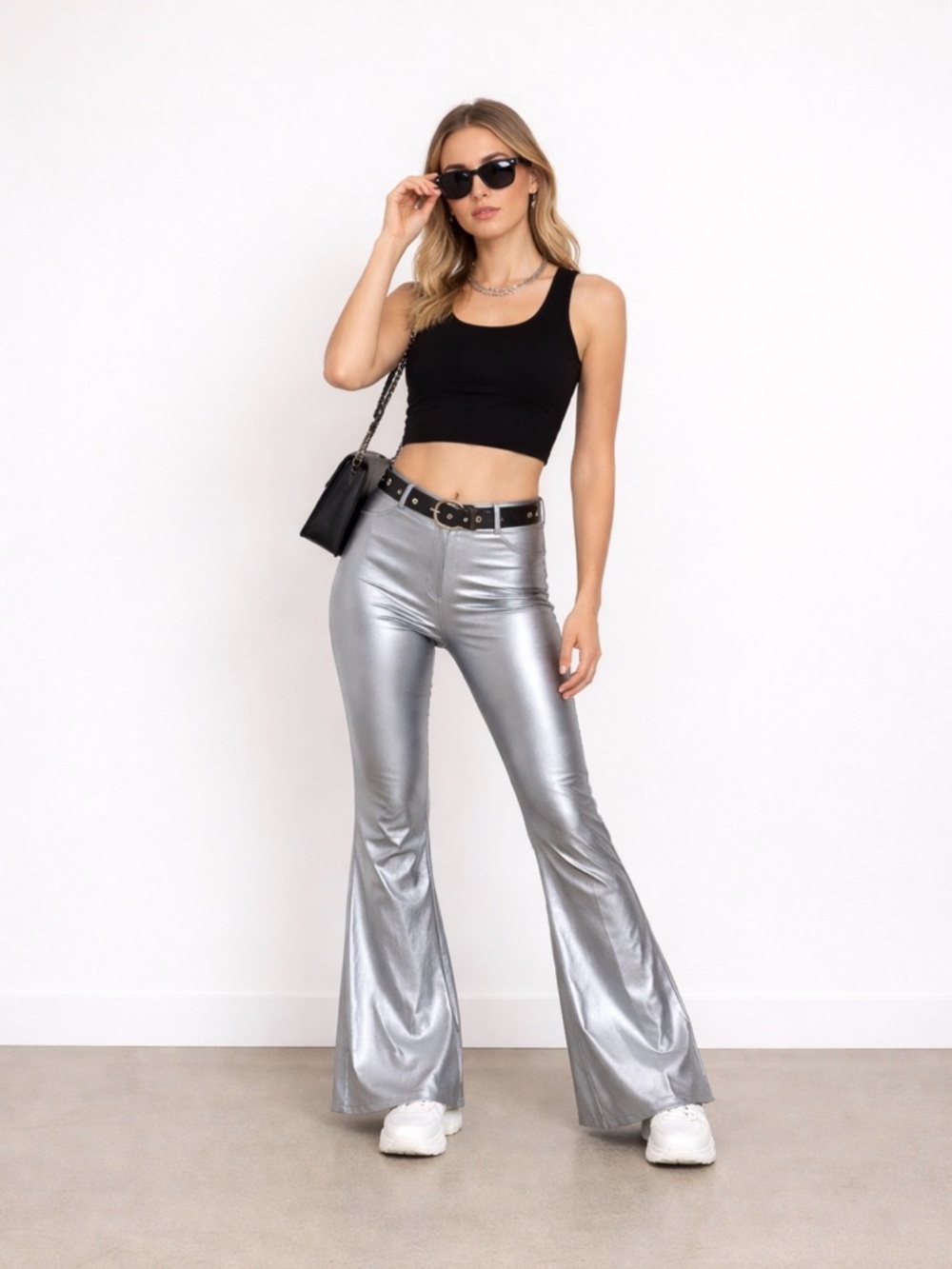 H&M Metallic Silver Flare Pants Women’s Size 20 EU Small Stretch Disco - Picture 2 of 6